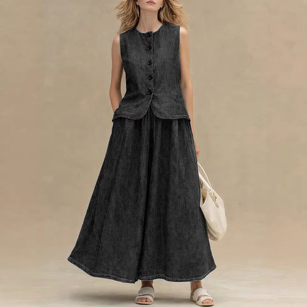Womens Crew-Neck Denim Top And High-Waist A-Line Skirt Denim Set