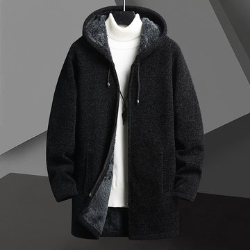 Fall Winter Men Fleece-lined Mid-length Zipper Hooded Sweater Cardigan