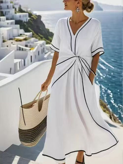 Summer Striped Print Dress Casual Beach Vacation Short-sleeved Maxi Dress Womens Clothing