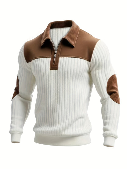 Men'S Casual Collared Zip-Up Pullover | Color-Block Design, Thick Warm, Long Sleeve, Suitable for Daily Fashion and Commuting - ROYALBOY