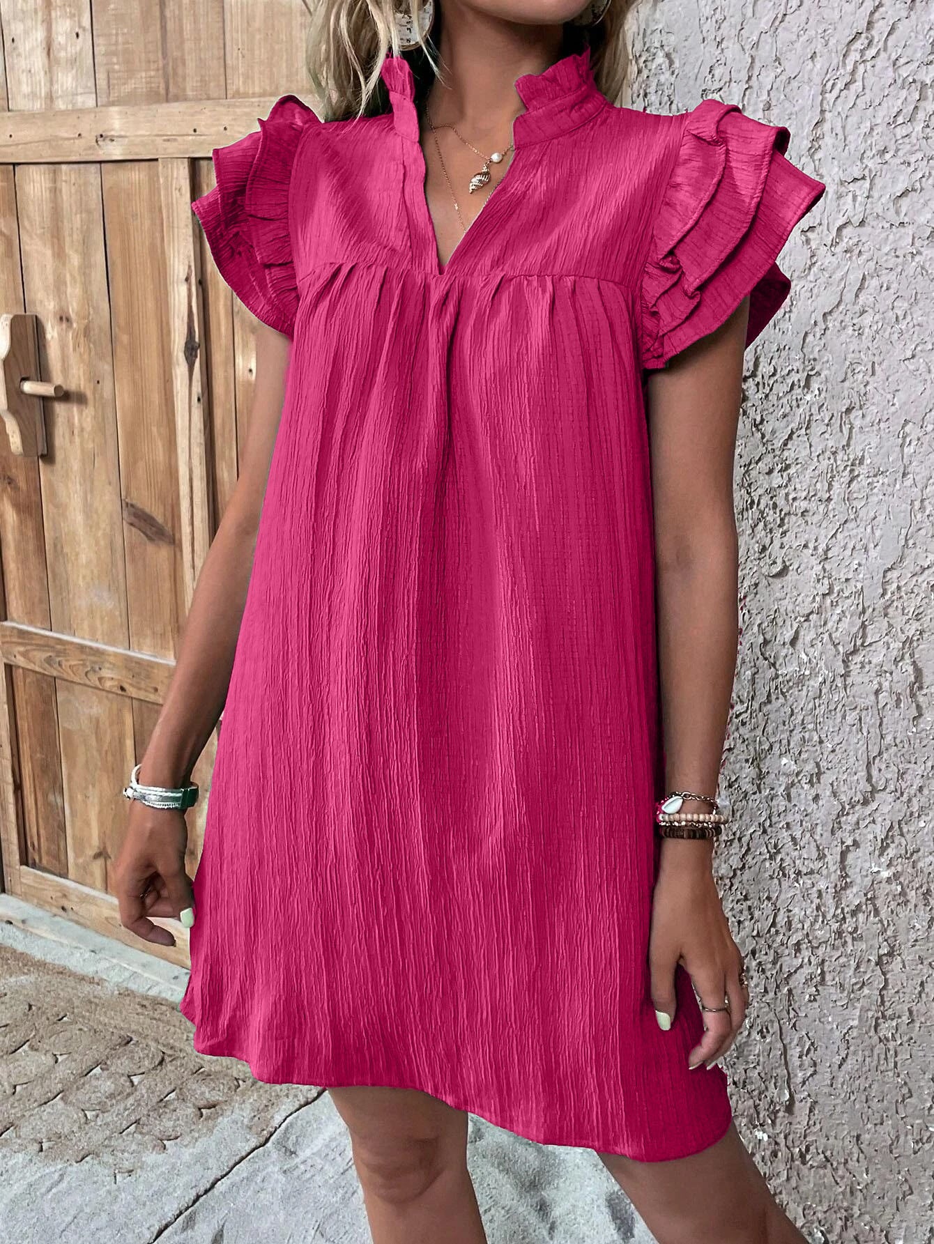 Casual Women's Multi-layer Ruffle Sleeve V-neck Dress Summer Fashion Versatile Multi-layer Lotus Leaf Sleeve V-Neck Pullover Dresses