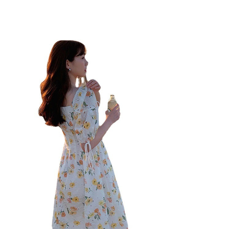 Waist Puff Sleeve Skirt Hollow Embroidery Square Collar