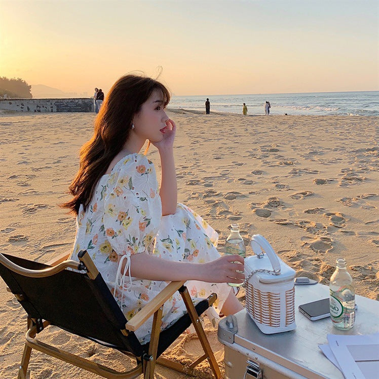 Waist Puff Sleeve Skirt Hollow Embroidery Square Collar