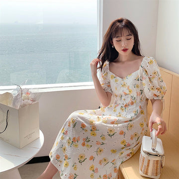 Waist Puff Sleeve Skirt Hollow Embroidery Square Collar