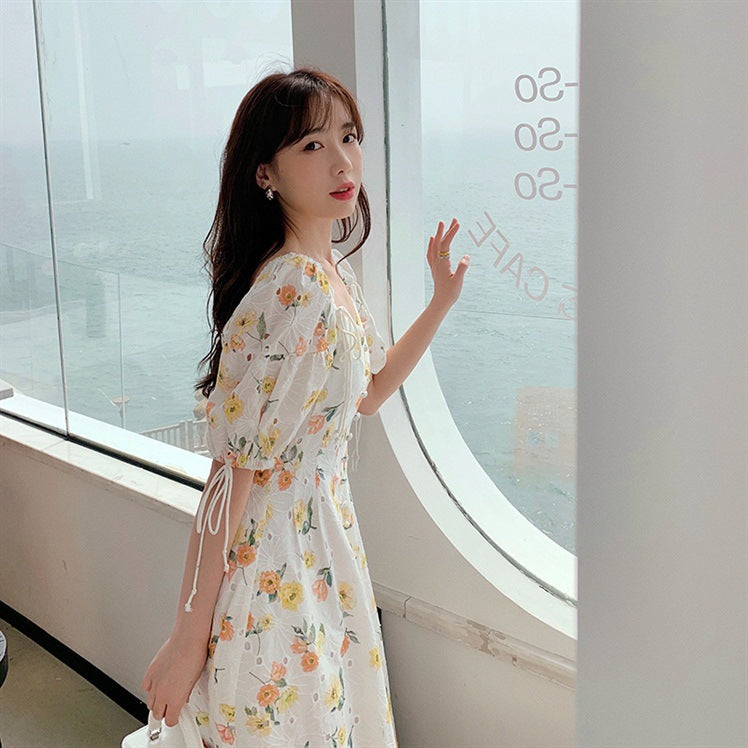 Waist Puff Sleeve Skirt Hollow Embroidery Square Collar