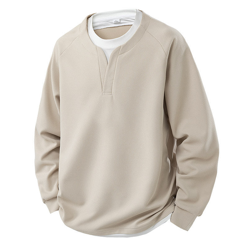 Contrast Colors False-two-piece Trendy V-neck Waffle Sweater Casual All-matching Tops