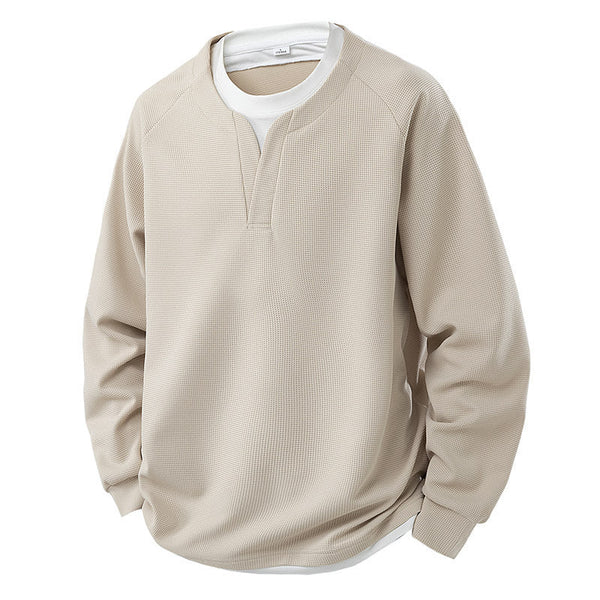 Contrast Colors False-two-piece Trendy V-neck Waffle Sweater Casual All-matching Tops