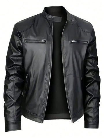 Men's Stand-up Collar Leather Jacket Business Casual Jacket