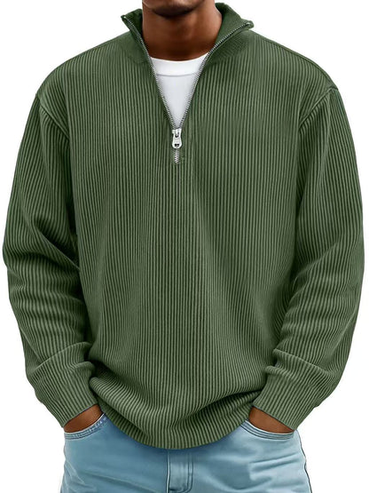 Corduroy Zipper Stand Collar Sweatshirt Fashion Warm Solid Color Long Sleeve Top Men's Casual Polo Shirt Clothing