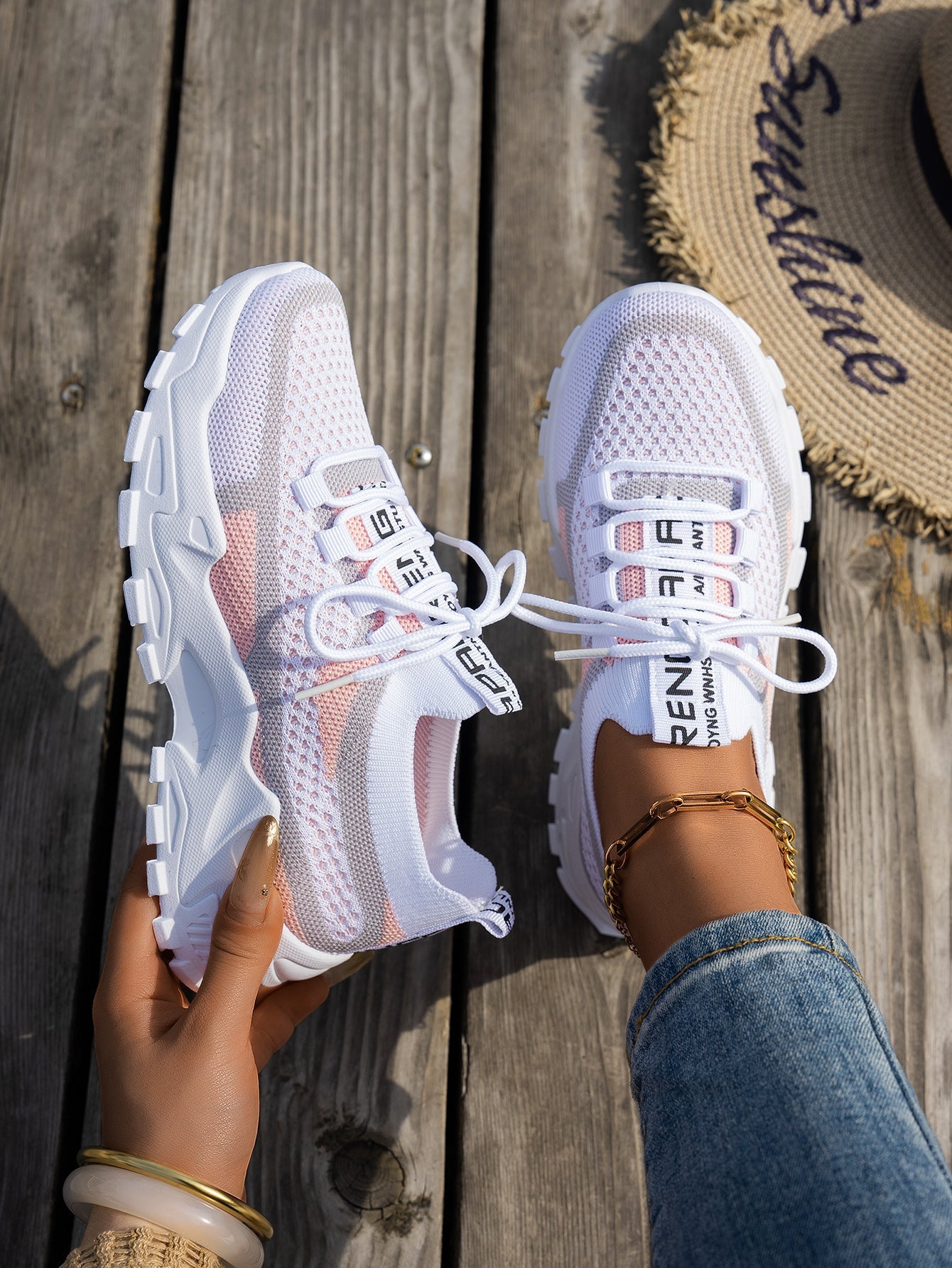 Flyknit Mesh Shoes Women's Breathable Lace-up Sneakers Walking Running Casual Shoes