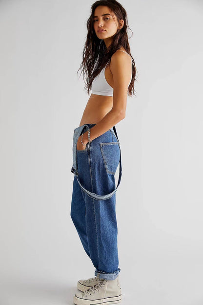 Women's High-Waisted Jumpsuit Overalls With Pockets Loose Fit Denim Trousers Casual Straight Leg Pants