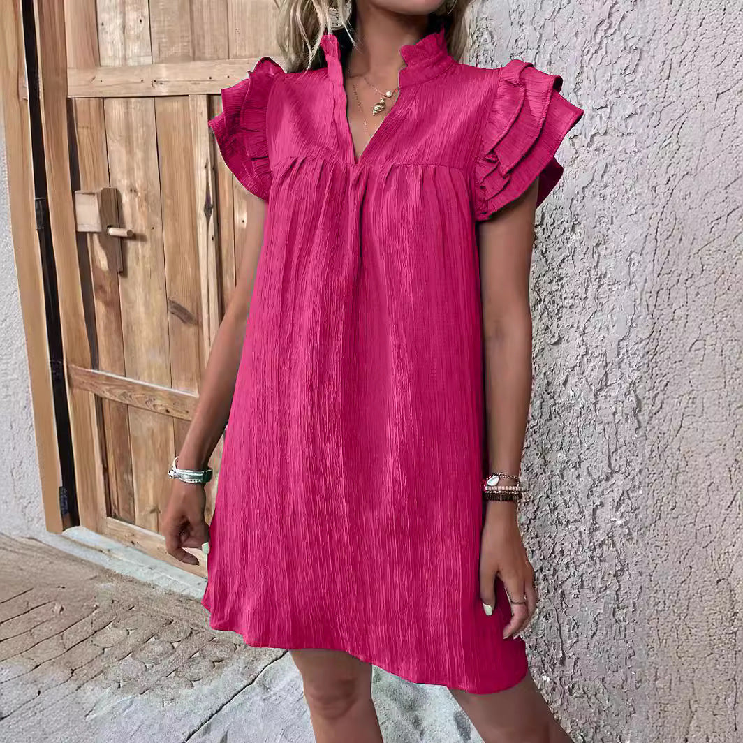 Casual Women's Multi-layer Ruffle Sleeve V-neck Dress Summer Fashion Versatile Multi-layer Lotus Leaf Sleeve V-Neck Pullover Dresses
