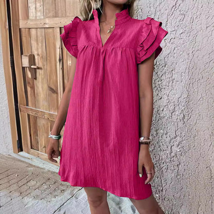 Casual Women's Multi-layer Ruffle Sleeve V-neck Dress Summer Fashion Versatile Multi-layer Lotus Leaf Sleeve V-Neck Pullover Dresses
