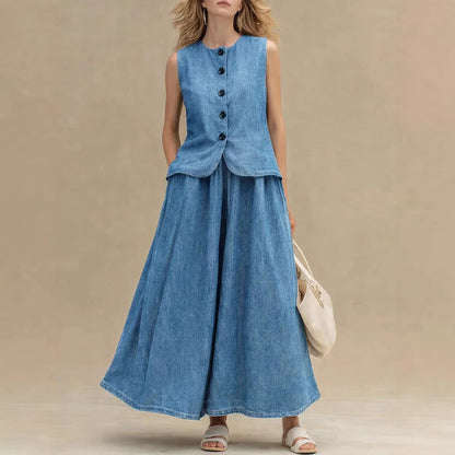 Womens Crew-Neck Denim Top And High-Waist A-Line Skirt Denim Set