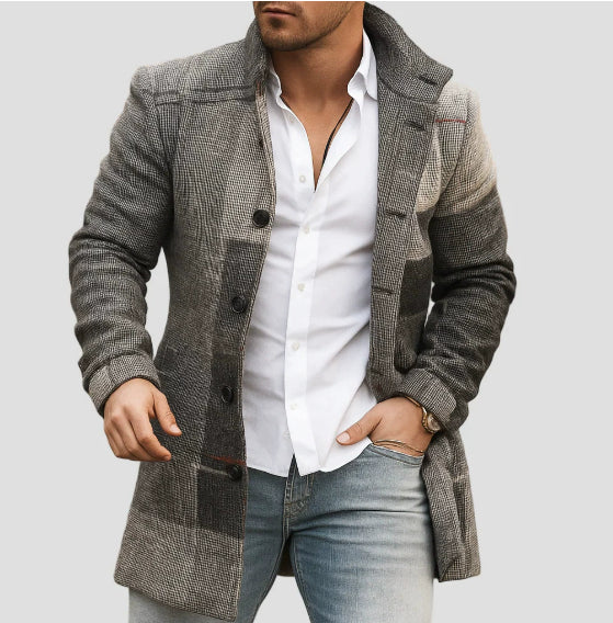 New men's woolen stand collar mid-length casual coat with pockets