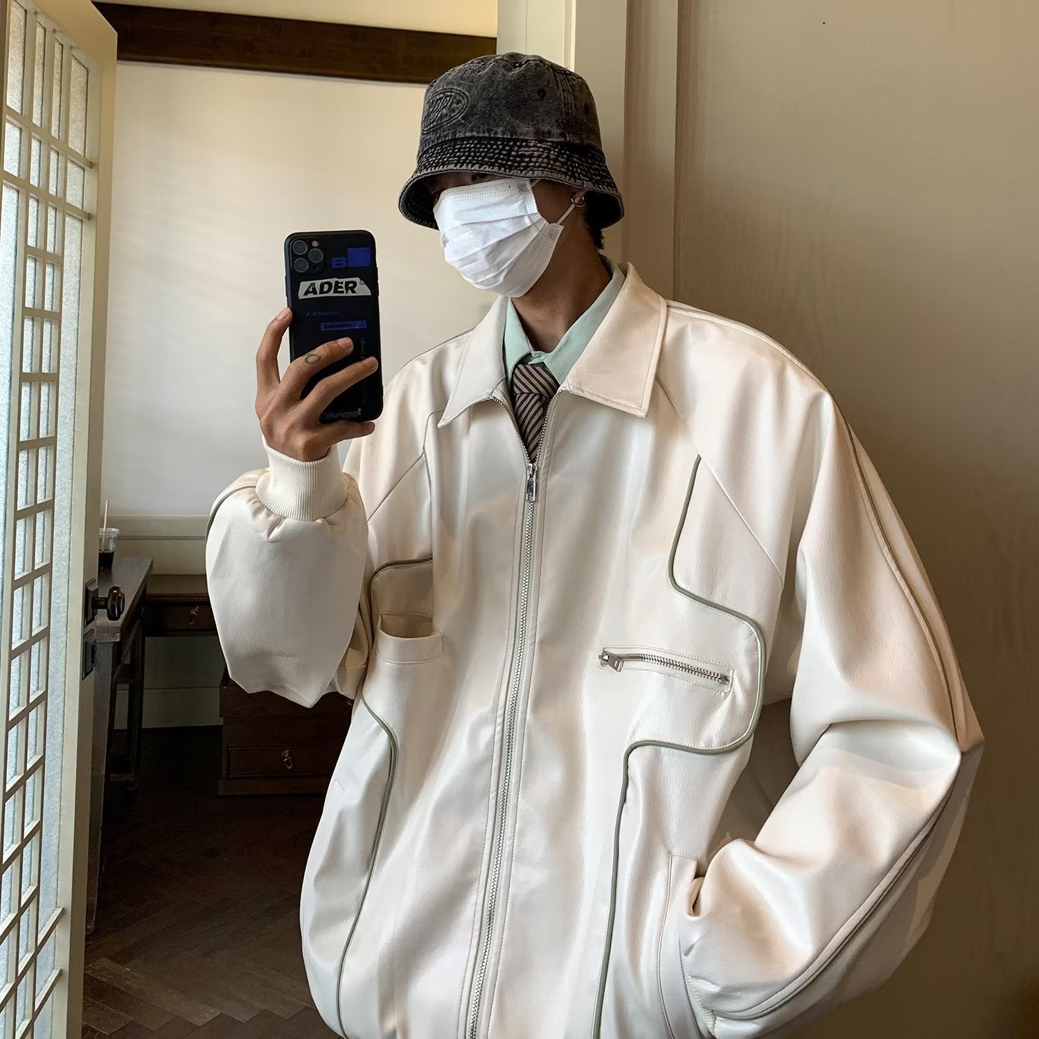 Collared Contrast Trim Panel Faux Leather Zip Jacket For Men & Women