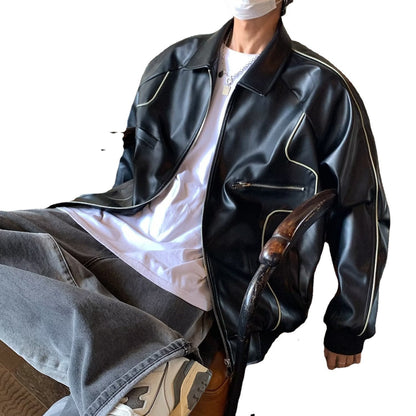 Collared Contrast Trim Panel Faux Leather Zip Jacket For Men & Women
