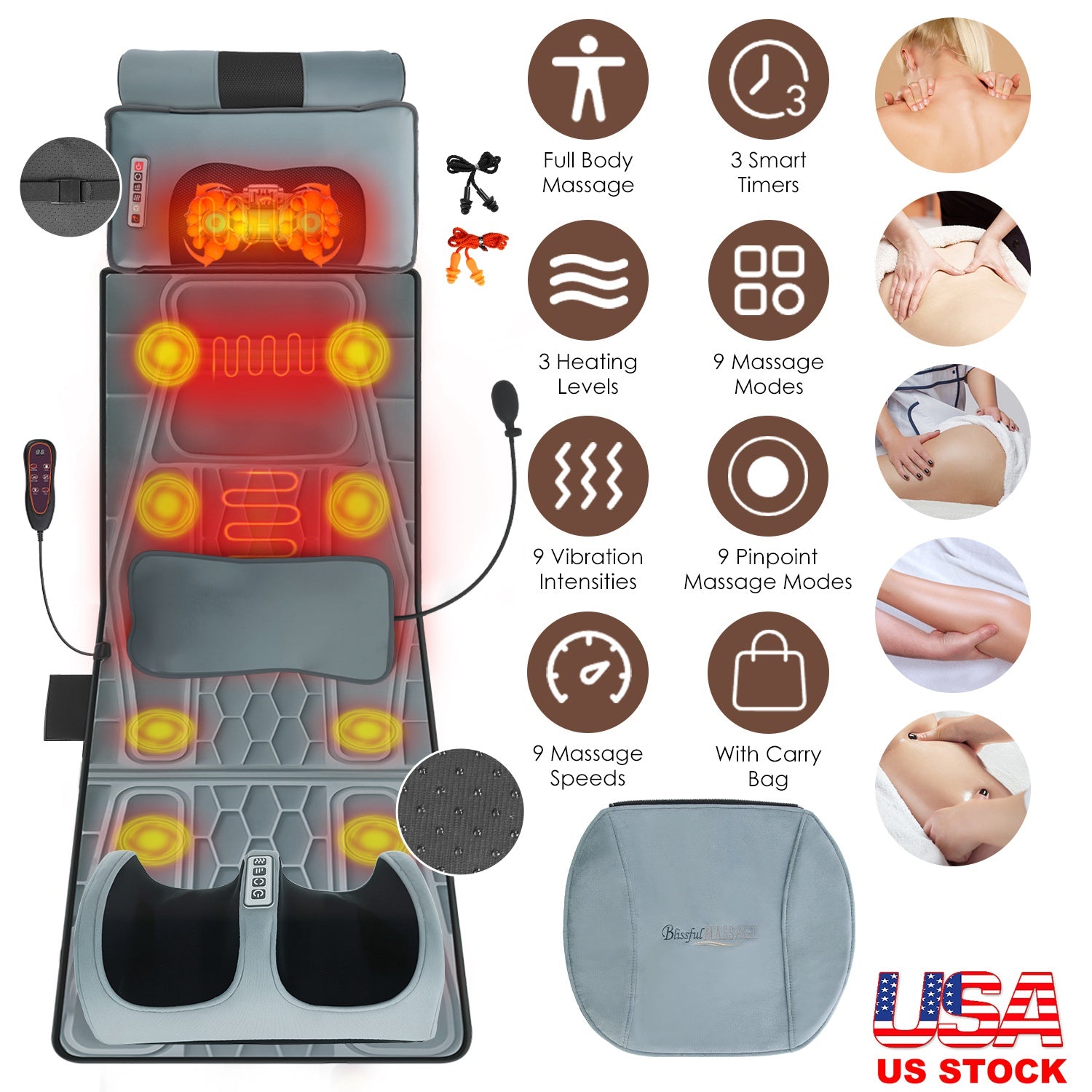 Flannel Full Body Massage Mat Multifunctional Massage Chair Pad With Heat Timer Shiatsu Neck Foot Massager Lumbar Pillow Carry Bag Earplugs Anti-Slip Bottom For Reclining Chair