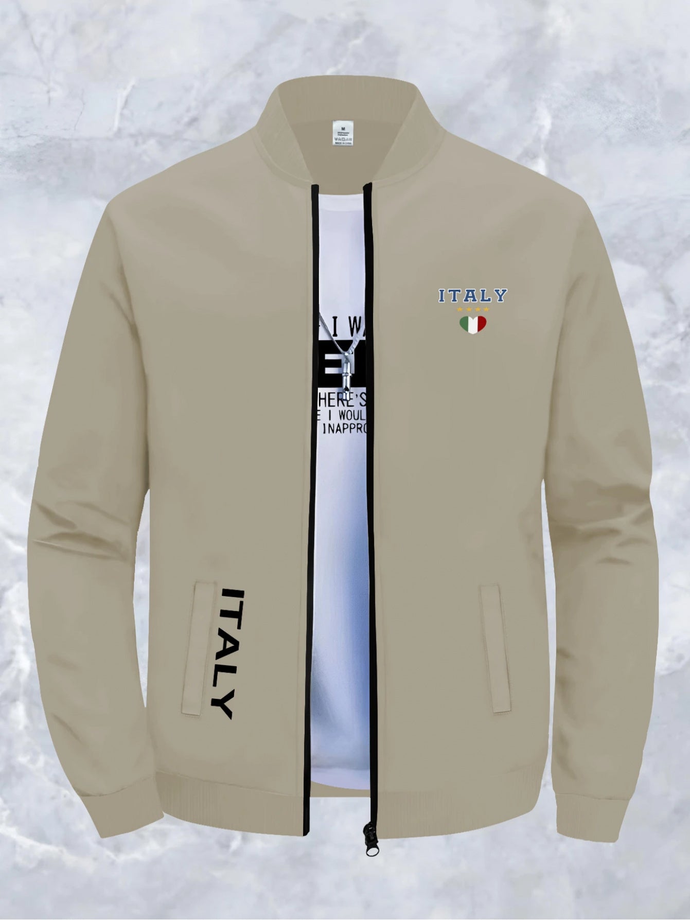 CALVIN Men's Slim Fit Casual Jacket - Light Zipper Stand Collar, Machine Washable Autumn Winter Coat with Italy Flag & Bold Letter Print, Street Style Baseball Collar Design, Polyester Lining, Sleek Zipper Closure, Urban Fashion, Modern Design, Lightweig