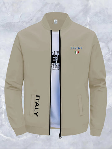 CALVIN Men's Slim Fit Casual Jacket - Light Zipper Stand Collar, Machine Washable Autumn Winter Coat with Italy Flag & Bold Letter Print, Street Style Baseball Collar Design, Polyester Lining, Sleek Zipper Closure, Urban Fashion, Modern Design, Lightweig