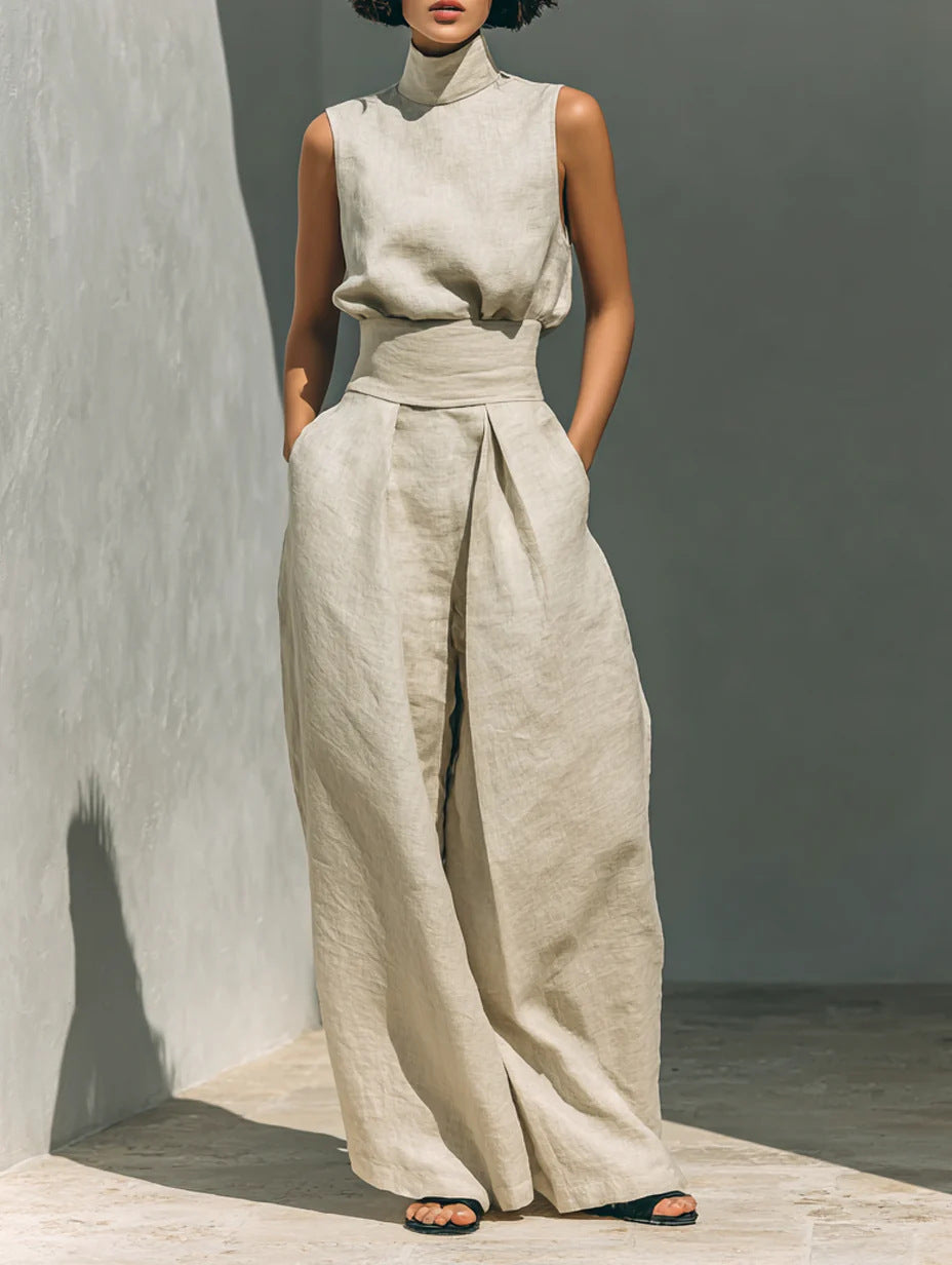 Casual Sleeveless Suit Summer Stand-up Collar Pullover Top And Loose Straight-leg Trousers Women's Clothing