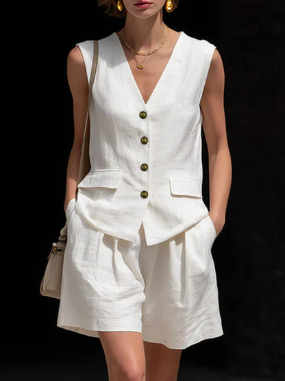 Womens Simple Elegant Cotton-Linen Vest Top And Shorts Two-Piece Set