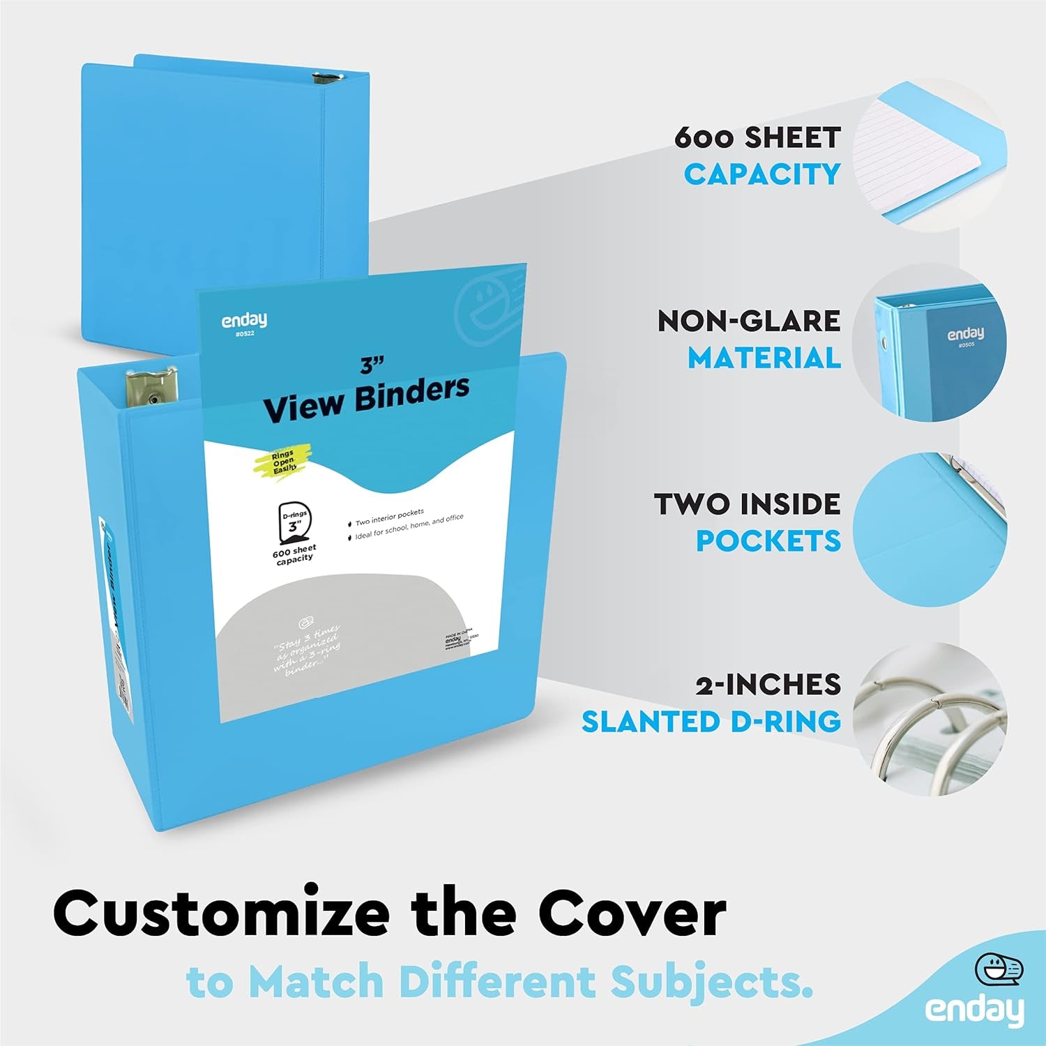 3 Inch Binder 3 Ring Binders Blue, Slant D-Ring 3” Clear View Cover with 2 inside Pockets, Heavy Duty Colored School Supplies Office and Home Binders – by