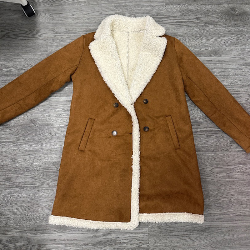Women's Suede-Look Trench Coat, Classic Notch Lapel Double-Breasted Jacket With Pockets And Plush Lining
