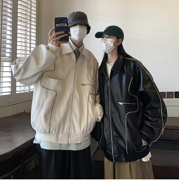 Collared Contrast Trim Panel Faux Leather Zip Jacket For Men & Women