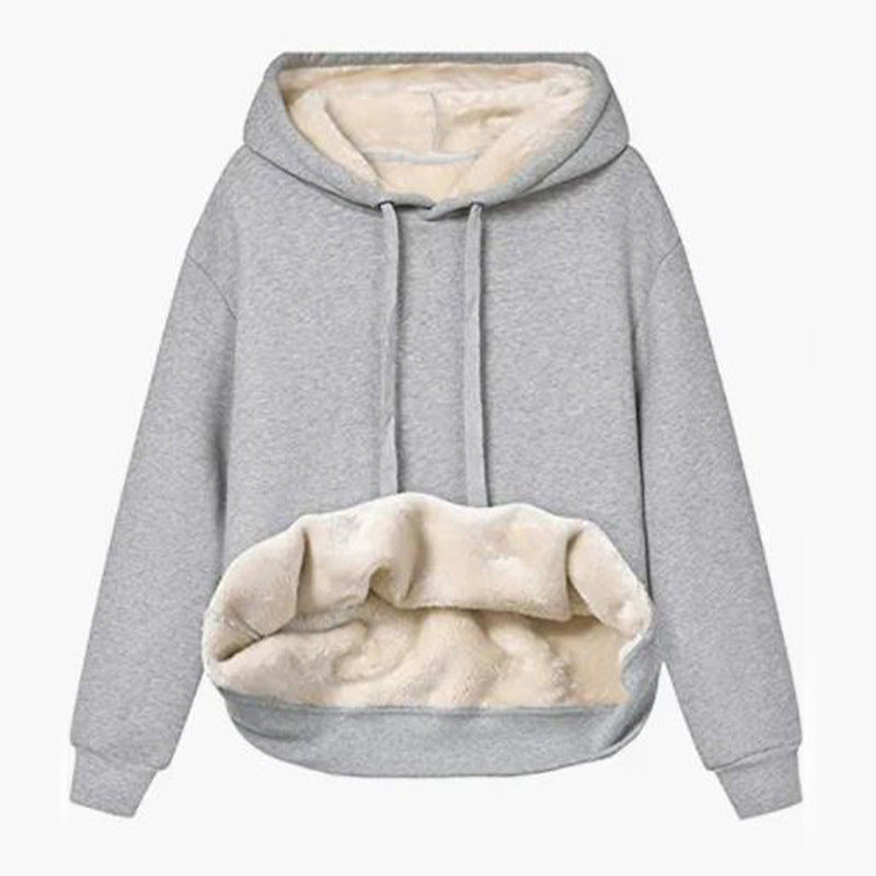 Autumn And Winter Warm Lamb Fleece Pocket Hooded Sports Sweatshirt Jacket For Women