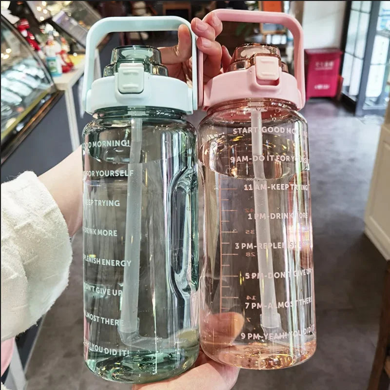 2L Sports Water Bottle with Straw Portable Large Capacity Water Bottles Fitness Bike Cup Summer Cold Water Jug with Time Marker