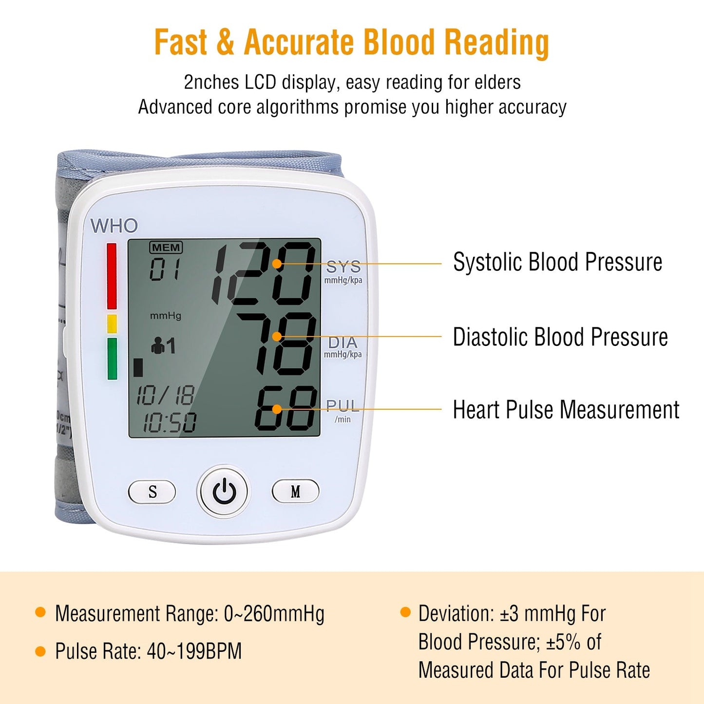1Pc Blood Pressure Monitor Wrist Digital High Blood Pressure Cuff Heartbeat Tester With 90x2 Reading Memory 2In LCD Screen Storage Box