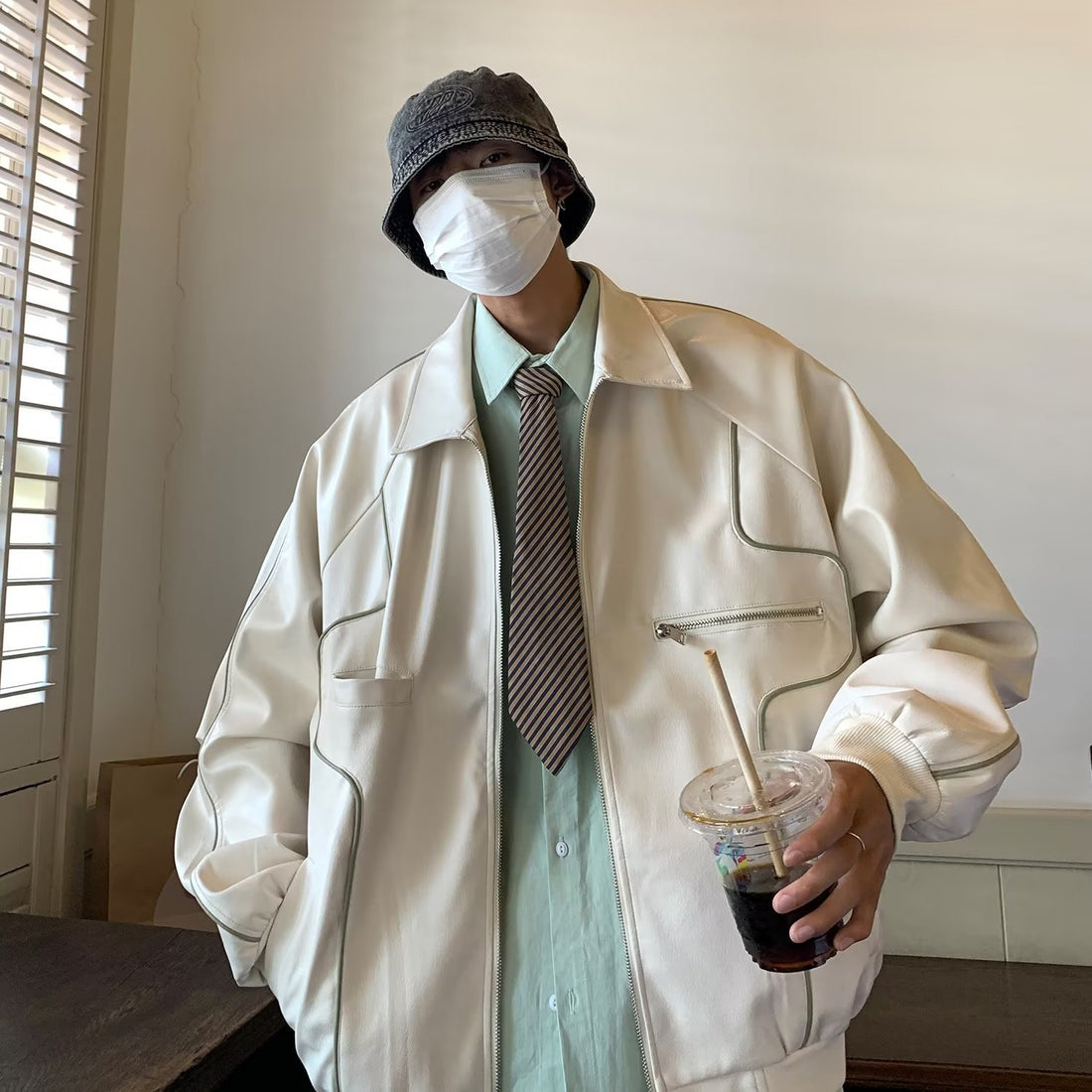 Collared Contrast Trim Panel Faux Leather Zip Jacket For Men & Women