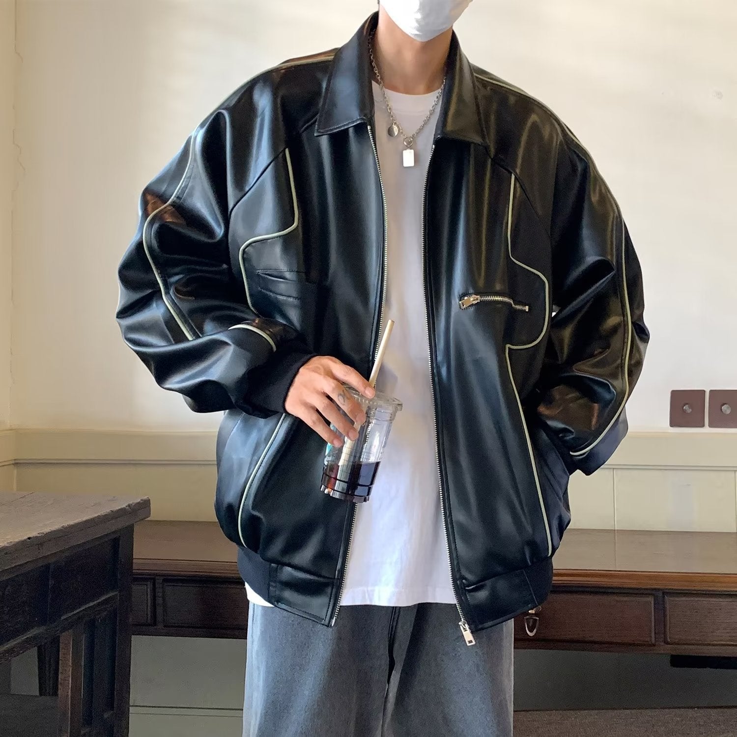 Collared Contrast Trim Panel Faux Leather Zip Jacket For Men & Women