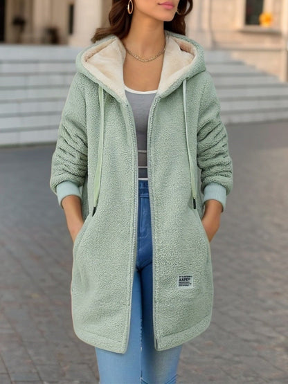 Winter Fleece Hooded Jacket Fashion Casual Zip-up Pockets Long Sweatshirt Warm Commuter Women's Clothing