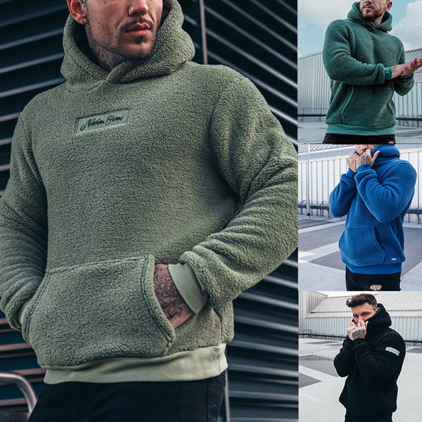 Men's Plush Hoodies Sweatshirt With Big Pocket Fashion Long-sleeved Pullover Hooded Top Solid Clothing