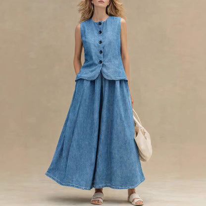 Womens Crew-Neck Denim Top And High-Waist A-Line Skirt Denim Set