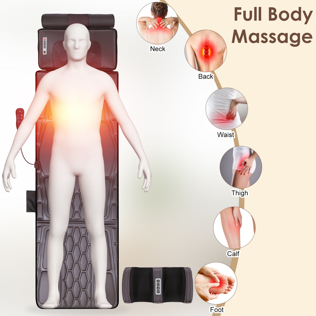 Flannel Full Body Massage Mat Multifunctional Massage Chair Pad With Heat Timer Shiatsu Neck Foot Massager Lumbar Pillow Carry Bag Earplugs Anti-Slip Bottom For Reclining Chair
