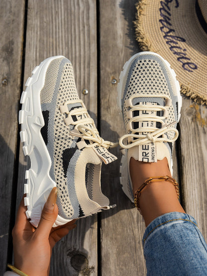 Flyknit Mesh Shoes Women's Breathable Lace-up Sneakers Walking Running Casual Shoes