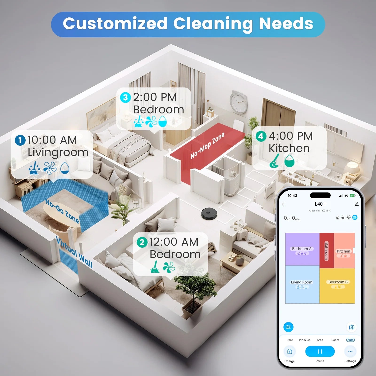 AIRROBO Robot Vacuum Cleaner and Mop Combo L40+, 60 Days Self-Empty Bin, 180 Min Runtime, APP and Voice Control