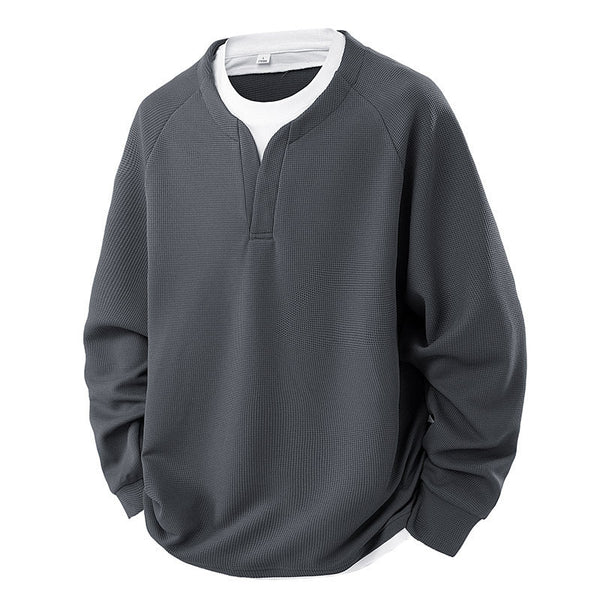 Contrast Colors False-two-piece Trendy V-neck Waffle Sweater Casual All-matching Tops