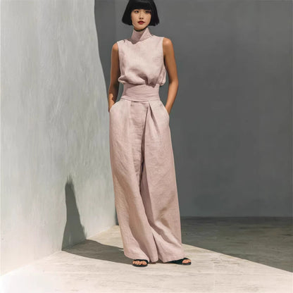Casual Sleeveless Suit Summer Stand-up Collar Pullover Top And Loose Straight-leg Trousers Women's Clothing