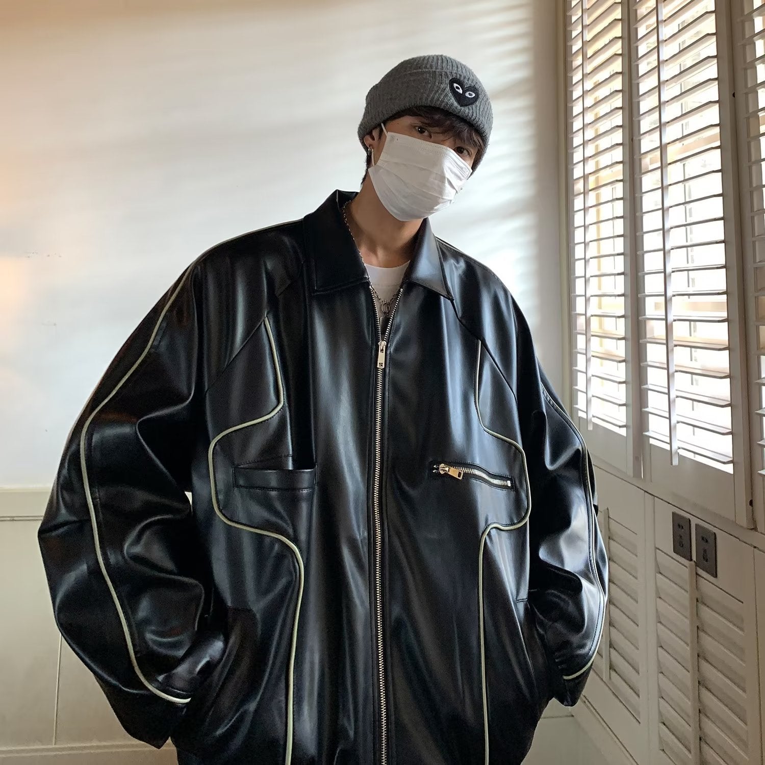 Collared Contrast Trim Panel Faux Leather Zip Jacket For Men & Women