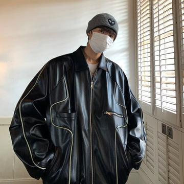 Collared Contrast Trim Panel Faux Leather Zip Jacket For Men & Women