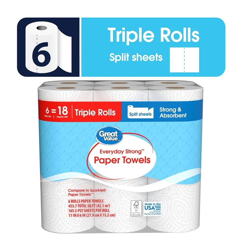 Everyday Strong Paper Towels Split Sheets 6 Rolls 990 Sheets Pick a Size Perforated Cleaning Extra Absorbent Kitchen Household