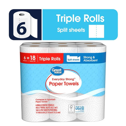 Everyday Strong Paper Towels Split Sheets 6 Rolls 990 Sheets Pick a Size Perforated Cleaning Extra Absorbent Kitchen Household