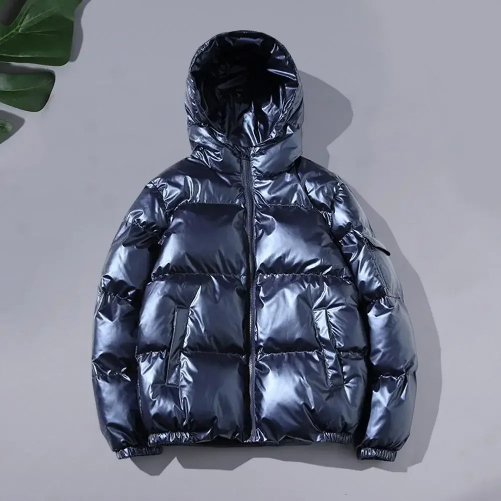 Hooded Winter Coat Men's High Gloss Quilted Cotton Coat with Hood Pockets Loose Fit Warm Short Outerwear for Winter