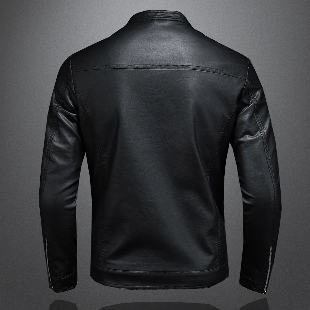 Men's Spring Autumn Stand Collar Slim Leather Jacket - Fashion Motorcycle Casual Coat