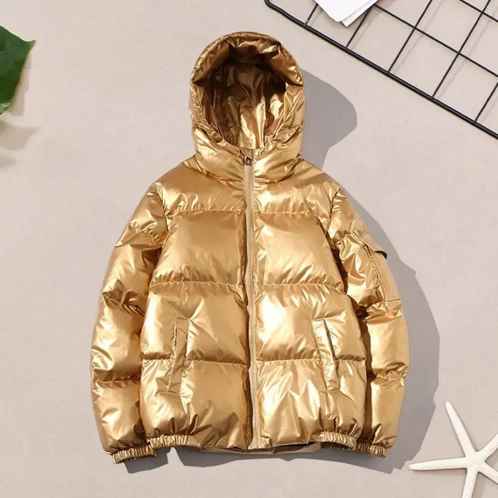 Hooded Winter Coat Men's High Gloss Quilted Cotton Coat with Hood Pockets Loose Fit Warm Short Outerwear for Winter