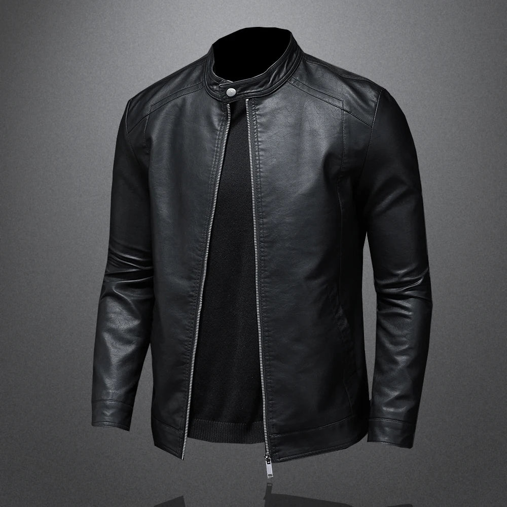 Men's Spring Autumn Stand Collar Slim Leather Jacket - Fashion Motorcycle Casual Coat